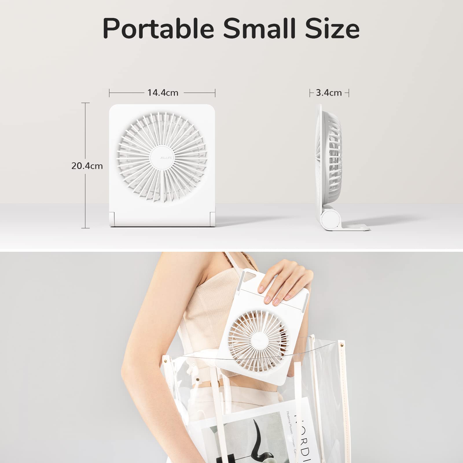 JISULIFE Small Desk Fan, Portable USB Rechargeable Fan, 160° Tilt Folding Personal Mini Fan with 4500mAh Battery, Strong Wind, Ultra Quiet, 4 Speed Modes for Office, Home, Camping - White