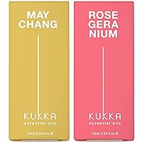 May Chang Essential Oil for Skin Use & Rose Geranium Oil for Skin Set - 100% Nature Therapeutic Grade Essential Oils Set - 2x0.34 fl oz - Kukka