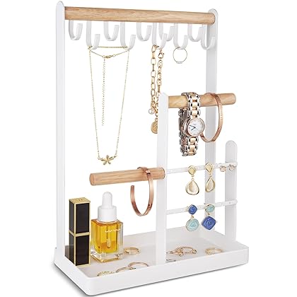 ProCase Jewelry Organizer Stand Necklace Holder, 4-Tier Tower Rack with Earring Tray and Holes, 10 Hooks Hanging Storage Tree Display for Bracelets Watches Rings -White