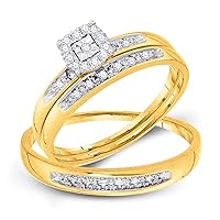 The Diamond Deal 10kt Yellow Gold His Hers Round Diamond Solitaire Matching Wedding Set 1/12 Cttw