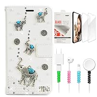 STENES Bling Wallet Phone Case Compatible with Moto G Play 2021 Case - Stylish - 3D Handmade Retro Elephant Glitter Magnetic Wallet Leather Cover with Screen Protector & Cable Protector - White