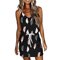 Summer Beach Dresses for Women, 2023 Fashion Striped Mini Dress Casual V Neck Sundress Drawstring Waist Short Dress