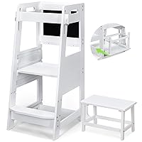 TOETOL Bamboo Toddler Step Stool White Kitchen Counter Learning Helper Standing Tower Ktchen Stool for Toddler 3 Height Adjustable with Chalkboard Message Boards, Small Step Stool, Non-Slip Mat