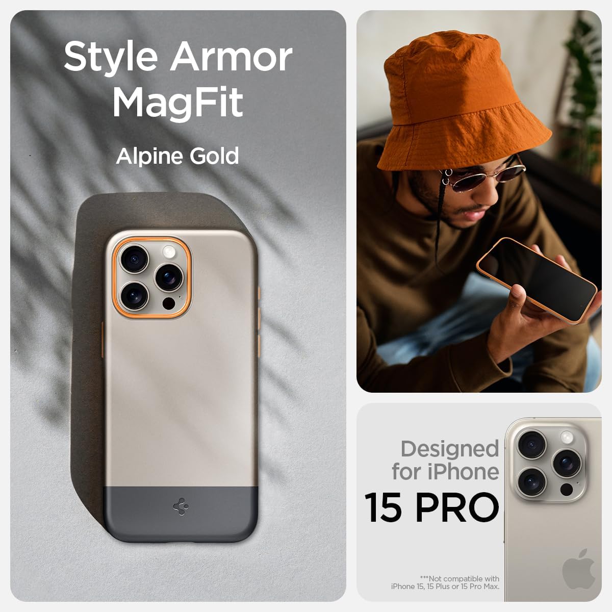 Spigen Magnetic Style Armor MagFit Designed for iPhone 15 Pro Case, [Military-Grade Protection] Compatible with MagSafe (2023) - Alpine Gold