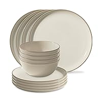 Corelle Stoneware Dinnerware Set, Handmade Reactive & Solid Glazed Ceramic Plates and Bowls, Modern Rustic Style Round Dishes, Service for 4, Sea Salt 12 PIECE SET