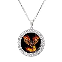 Flaming Phoenix Bird Multicolored Diamond Necklace Circle Patterned Pendant Necklace for Women