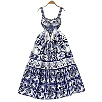 Holiday Maxi Dress Women's Spaghetti Strap V Neck Backless Blue and White Porcelain Print XL 130 Cm Long