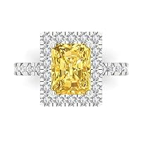 Clara Pucci 3.87ct Emerald Cut Solitaire with Accent Halo Canary Yellow Simulated Diamond designer Modern Statement Ring 14k White Gold