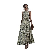 Women’s Casual Halter Neck Sleeveless Floral Long Maxi Dress Loose Ruffle Sundress with Belt