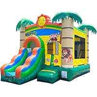 Inflatable Bounce House with Slide for Kids 12 x 12 x 18 Foot - Backyard Tropical Jungle Castle Smiley Face Combo Bouncer, Outdoor Toys, Jumpers for Kids - Includes: Blower, Stakes, and Storage Bag