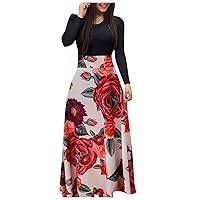 Dress for Women 2023 Long Sleeve Fashion Floral Print Loose Flowy Wedding Holiday Party Splice Maxi Dresses