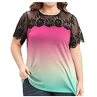 Womens Plus Size Short Sleeve Crew Neck Lace T Shirts Summer Trendy Gradient Color Block Tunic Tops Casual Loose Fit Blouses