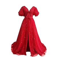 Basgute Women's Sparkle Starry Tulle Puffy Sleeve Prom Dresses Corset V Neck Elegant Slit Formal Evening Party Gowns