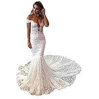 Sheer Off The Shoulder Lace Mermaid Wedding Dress with Chapel Train 2022 Long Skirt