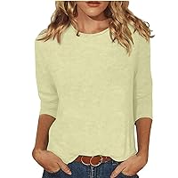 Womens Summer Tops 2024 3/4 Length Sleeve Casual Blouses Crewneck Solid Color Cute Tops Loose Fit Pullover