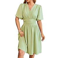 Women's Dresses 2024 Summer V-Neck Waisted Five Points Flared Sleeve Fashion Dresses, S-2XL