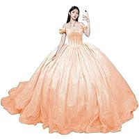Women's Off Shoulder Quinceanera Dresses Puffy Sparkly Tulle Prom Ball Gowns Long Sweet 15 16 Dresses with Train