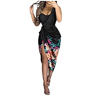 Bodycon Dresses for Women, Women's Solid Color Sexy Sequin Slit Maxi Smocked One Shoulder Evening Dress