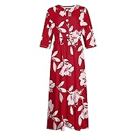 Women's Summer Dresses, Casual Printed Lapel Collar Button 3/4 Sleeve Clothing Straps Dress 3D Floral, S, 3XL