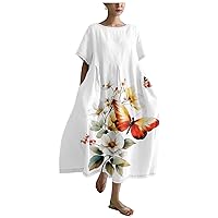 Casual Plus Size Butterfly Dress for Women 2024 Bohemia Floral Flowy Oversized Loose Fit Ruffle Hem Dresses
