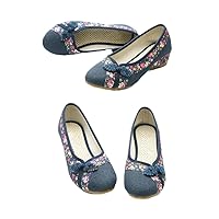 Women Cotton Flax Slip-On Retro Wedge Ladies Low Heeled Round Toe Casual Pumps Traditional Button Shoes for Female Blue 8.5