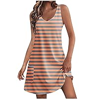 Prime of Day Deals Today 2024 Clearance Womens Casual Sundresses Trendy Striped Print Mini Dress Beach Vacation Short Dresses Sleeveless Loose Tank Dress Vestido Verano Mujer Beige