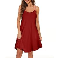 Summer Spaghetti Strap Dress for Women V Neck Casual Swing Tank Beach Cover Up Mini Sundress with Pockets