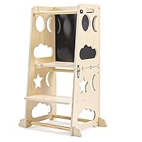 Toddler Step Stool Kitchen Helper, 3 in 1 Toddler Standing Tower Collapsible Kids Step Stool for Bathroom, Montessori Kids Stool, Child Standing Tower for Toddlers with Chalkboard & Safety Rail
