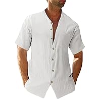 Men's Summer Casual Cotton Linen Short Sleeve Shirt Solid Standing Neck Shirts for Men Single Breasted Cardigan Tops