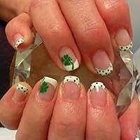 St. Patrick's Day Press on Nails Short Length Square French Tip Press on Fake Nails Green Four Leaf Clover with Dots Designs Shamrock Glossy Reusable Stick on Nails for Women DIY Nail Decoration 24Pcs