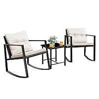 Flamaker Patio Chairs 3 Piece Wicker Rocking Chair Outdoor Bistro Sets with Coffee Table and Cushions Metal Frame Patio Furniture for Porch, Balcony, Lawn (White)