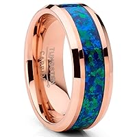 Metal Masters Co. Men's Rosegold-tone Tungsten Carbide Wedding Band Ring Blue Green Simulated Opal Inlay 8MM Comfort-Fit