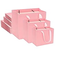 QIELSER 18 Pack Pink Gift Bags Bulk, Heavy Duty Kraft Paper Shopping Bags with Ribbon Handles for Party Favor, Wedding, Retail, Baby Shower, Christmas, 3 Size in 9