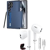 Jiunai for Samsung Galaxy S24 Ultra Case with Card Holder + USB C Wired Earbuds with Mic Protective Credit Card Case with USB C Headphone for Samsung Galaxy S24 Ultra 5G 6.8'' Navy