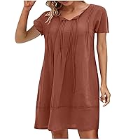 Cotton and Linen Dress for Women Loose Fit Tie V Neck Short Sleeve Pleated Tshirt Dress Casual Summer Knee Length Dress