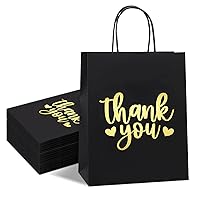 Thank You Gift Bags Bulk 50 Pcs Medium, Gold Foil Thank You Black Paper Bags with Handles for Retail Shopping, Wedding, Baby Shower Holiday, Party Favors, Size 8x4.75x10 Inches