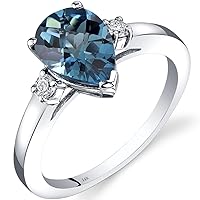 PEORA London Blue Topaz and Diamond Teardrop Solitaire Ring for Women 14K White Gold, Natural Gemstone Birthstone, 2.75 Carats Pear Shape 10x7mm, Size 7