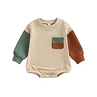 AEEMCEM Baby Boy Girl Color Block Sweatshirt Romper Oversized Bubble Sweater Onesie Long Sleeve Pocket Pullover Bodysuit Top