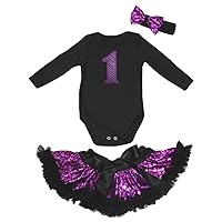 Petitebella Sparkle 1st Number Black L/S Romper Purple Scales Skirt Nb-12m
