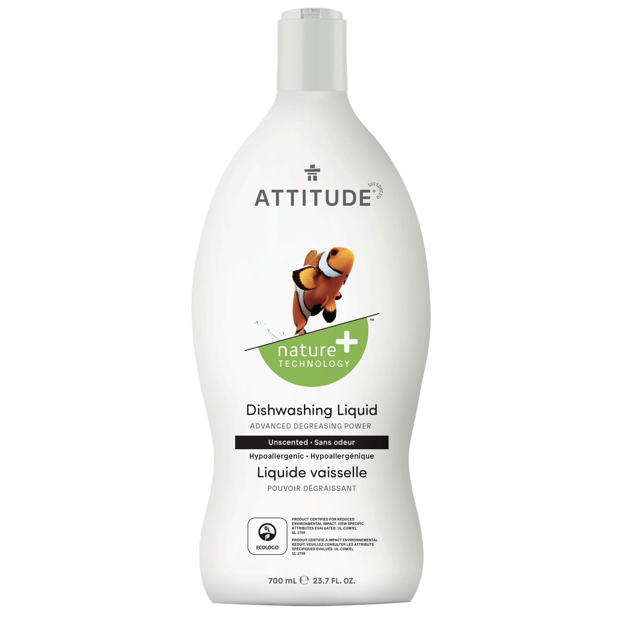 ATTITUDE Liquid Dish Detergent, Hypoallergenic Plant- and Mineral-Based Ingredients, Effective Dishwashing Soap Formula, Vegan and Cruelty-free, Unscented, 23.7 Fl Oz