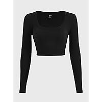 Women's Tops Sexy Tops for Women Women's Shirts Square Neck Crop Tee (Color : Black, Size : Large)
