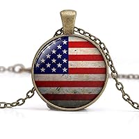 American Flag Pendant Necklace Patriotic Jewelry Vintage Charm Glass Photo Jewelry