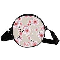 Pink Sakura Blossom Circle Shoulder Bags Cell Phone Pouch Crossbody Purse Round Wallet Clutch Bag For Women With Adjustable Strap