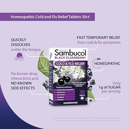 Sambucol Cold and Flu Relief Tablets - Homeopathic Cold Medicine, Nasal & Sinus Congestion Relief, Use for Runny Nose, Sore Throat, Coughing, Cold Remedy for Adults - Black Elderberry, 30 Count