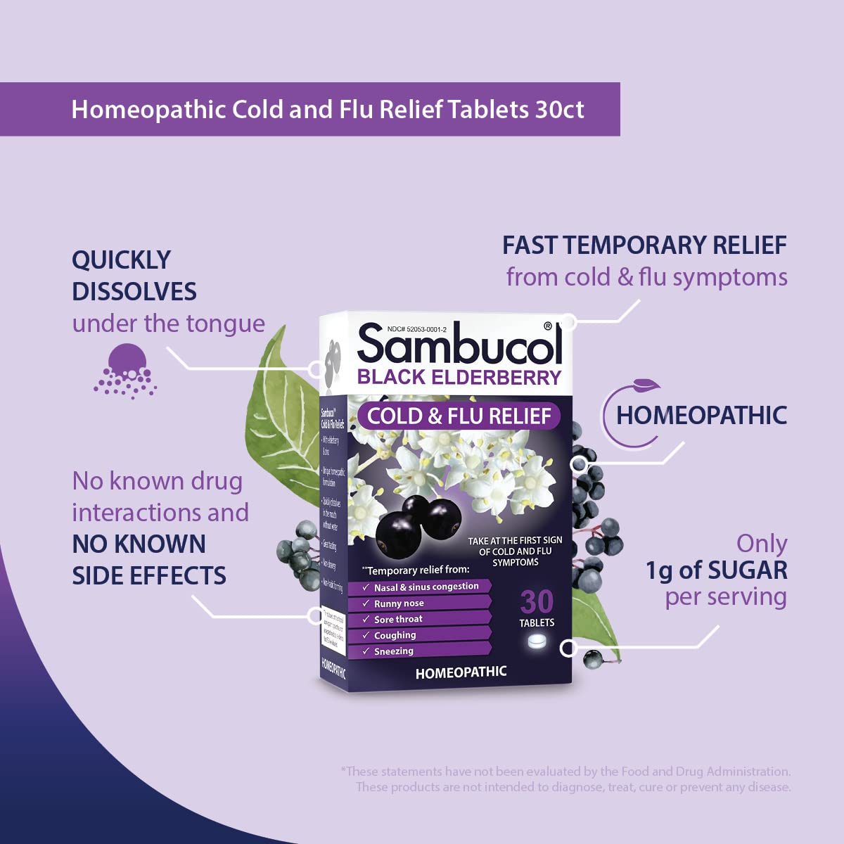 Sambucol Cold and Flu Relief Tablets - Homeopathic Cold Medicine, Nasal & Sinus Congestion Relief, Use for Runny Nose, Sore Throat, Coughing, Cold Remedy for Adults - Black Elderberry, 30 Count