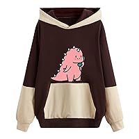 Women/Girls Dinosaur Fashion Pullover Hoodie Long Sleeve Color Block Sweatshirts Athletic Casual Lightweight Shirts