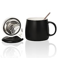 Ceramics Tea Cup with Loose Leaf Infuser, Spoon and Lid, 15oz, Large Tea infuser Mug for Tea, Coffee, Milk-Microwave and Dishwasher Safe(15oz,Matte Black)