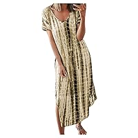 Womens Casual Beach Dresses 2024 Tie Dye Short Sleeve Loose Long Maxi Dress Fashion Slit Hem V Neck Tshirt Dresses
