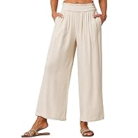JASAMBAC Women's Capri Linen Wide Leg Pants Summer Boho Wide Leg Pants Smocked High-Rise Waist Casual Beach Pants with Pocket