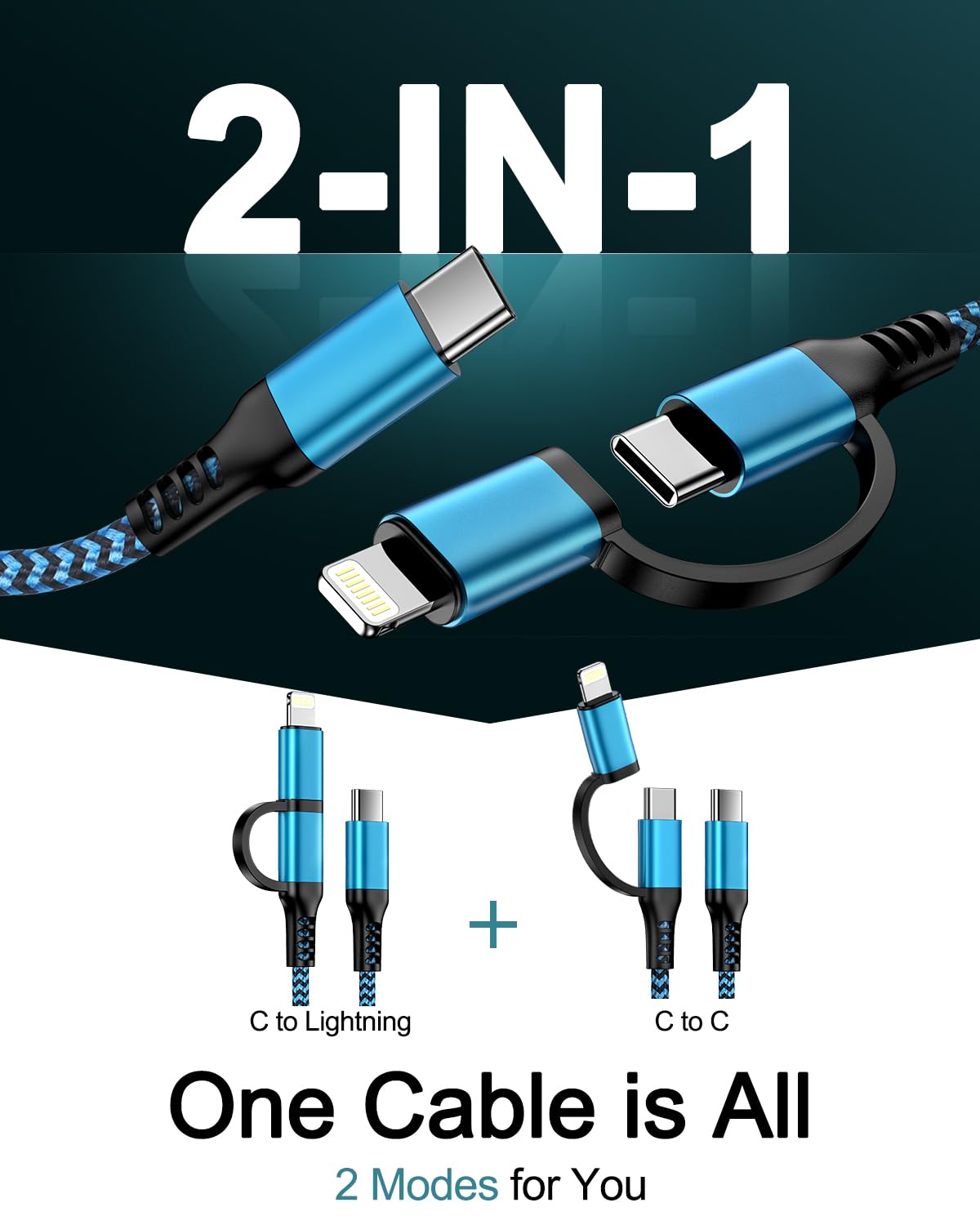 USB C Multi Charging Cable, USB-C to Lightning/Type C Cord Fast Charging Data Wire 2 in 1, [2Pcs/6FT] Braided Android & iPhone Cord USBC for iPhone 14 Pro Max 13 12 11 XR, iPad, Galaxy, Pixel, Moto